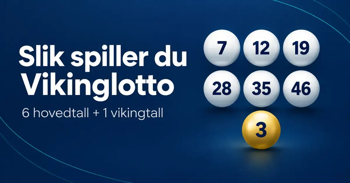 Illustrasjon med teksten «Slik spiller du Vikinglotto», seks hvite lottokuler og én gyllen kule som viser vikingtallet.