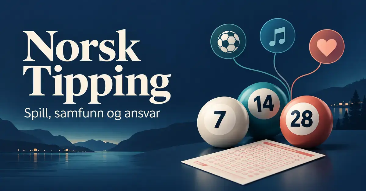 Illustrasjon av Norsk Tipping med lottokuler, en spillkupong og symboler for idrett, kultur og frivillighet foran et norsk fjordlandskap.