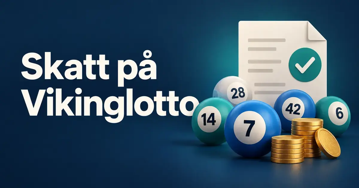 Illustrasjon med teksten «Skatt på Vikinglotto», lottokuler, gullmynter og et dokument med en hake på mørk blå bakgrunn.