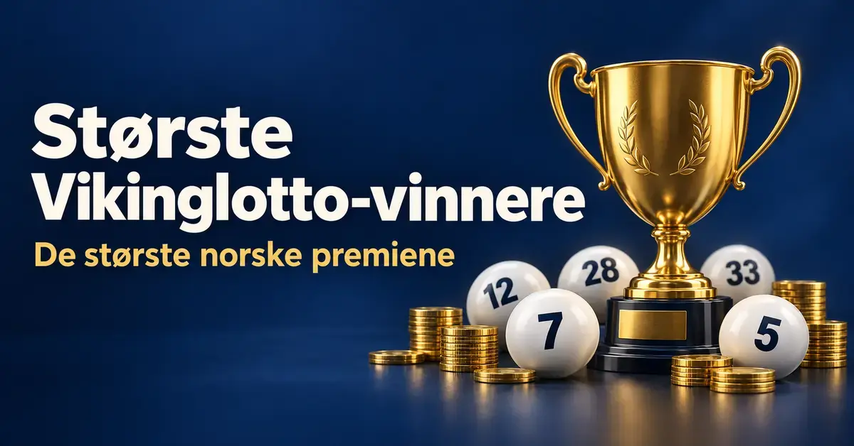 Gullpokal, lottokuler og stabler med gullmynter på mørkeblå bakgrunn med teksten «Største Vikinglotto-vinnere – De største norske premiene».