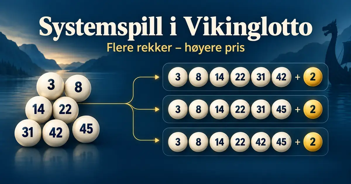 Illustrasjon av systemspill i Vikinglotto der sju valgte hovedtall kombineres til flere rekker, med teksten «Flere rekker – høyere pris».