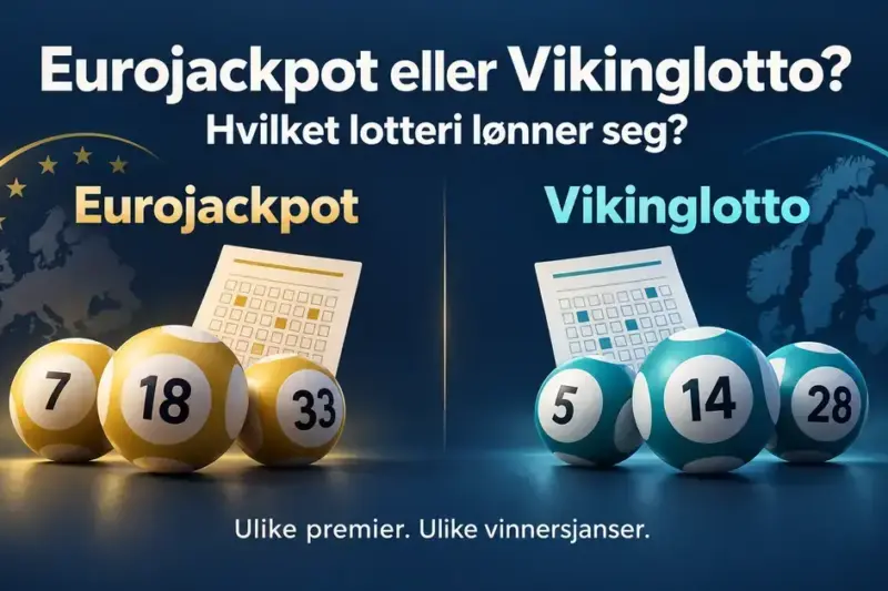 Sammenligning av Eurojackpot og Vikinglotto med gylne og turkise lottokuler, spillekuponger og teksten «Hvilket lotteri lønner seg?».