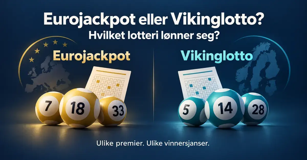 Sammenligning av Eurojackpot og Vikinglotto med gylne og turkise lottokuler, spillekuponger og teksten «Hvilket lotteri lønner seg?».