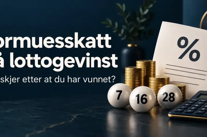 Lottokuler, gullmynter, kalkulator og et dokument med prosenttegn illustrerer formuesskatt etter en lottogevinst.