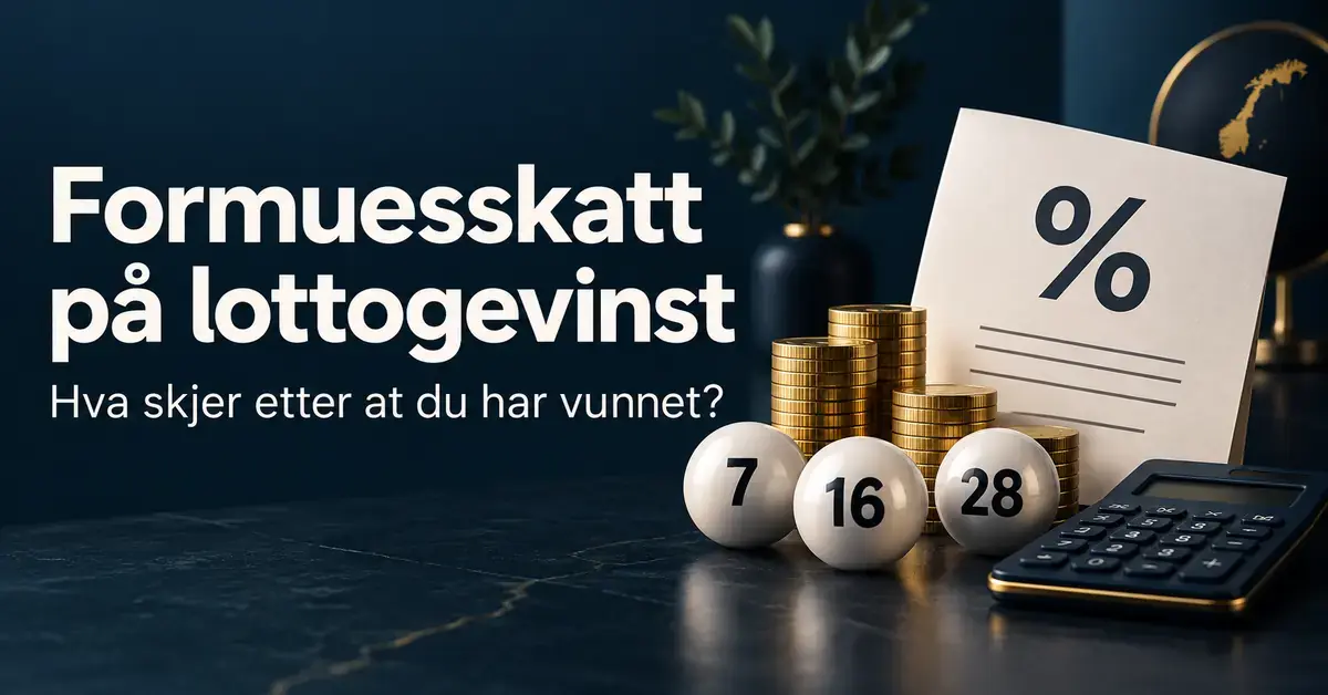 Lottokuler, gullmynter, kalkulator og et dokument med prosenttegn illustrerer formuesskatt etter en lottogevinst.
