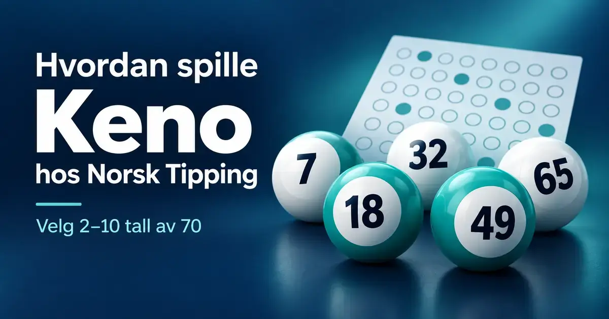 Illustrasjon av fem nummererte Keno-kuler og en spillkupong med teksten «Hvordan spille Keno hos Norsk Tipping» og «Velg 2–10 tall av 70».
