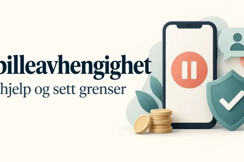 Illustrasjon av en mobil med pausesymbol, et skjold, samtalebobler og mynter ved teksten «Spilleavhengighet – Få hjelp og sett grenser».