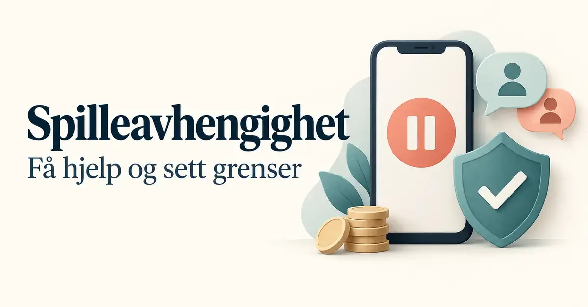 Illustrasjon av en mobil med pausesymbol, et skjold, samtalebobler og mynter ved teksten «Spilleavhengighet – Få hjelp og sett grenser».
