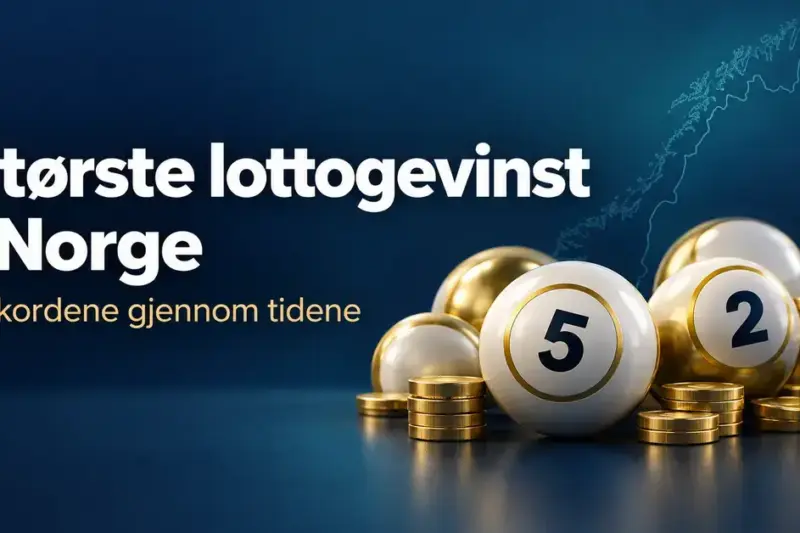 Lottokuler og gullmynter foran et norgeskart på mørk blå bakgrunn med teksten «Største lottogevinst i Norge – Rekordene gjennom tidene».