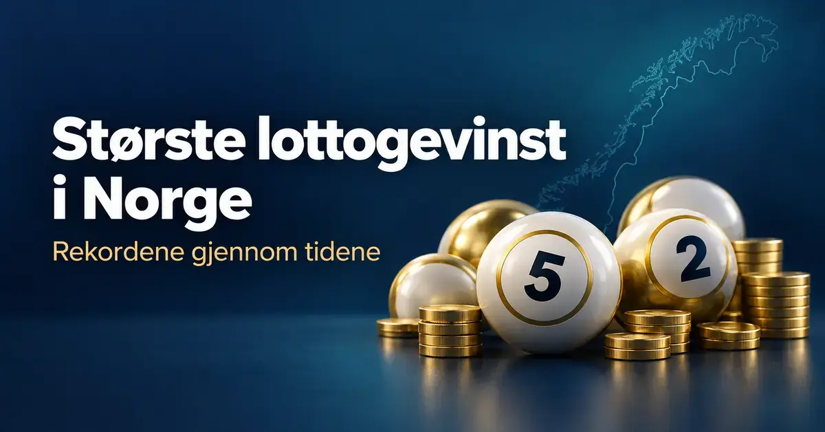 Lottokuler og gullmynter foran et norgeskart på mørk blå bakgrunn med teksten «Største lottogevinst i Norge – Rekordene gjennom tidene».