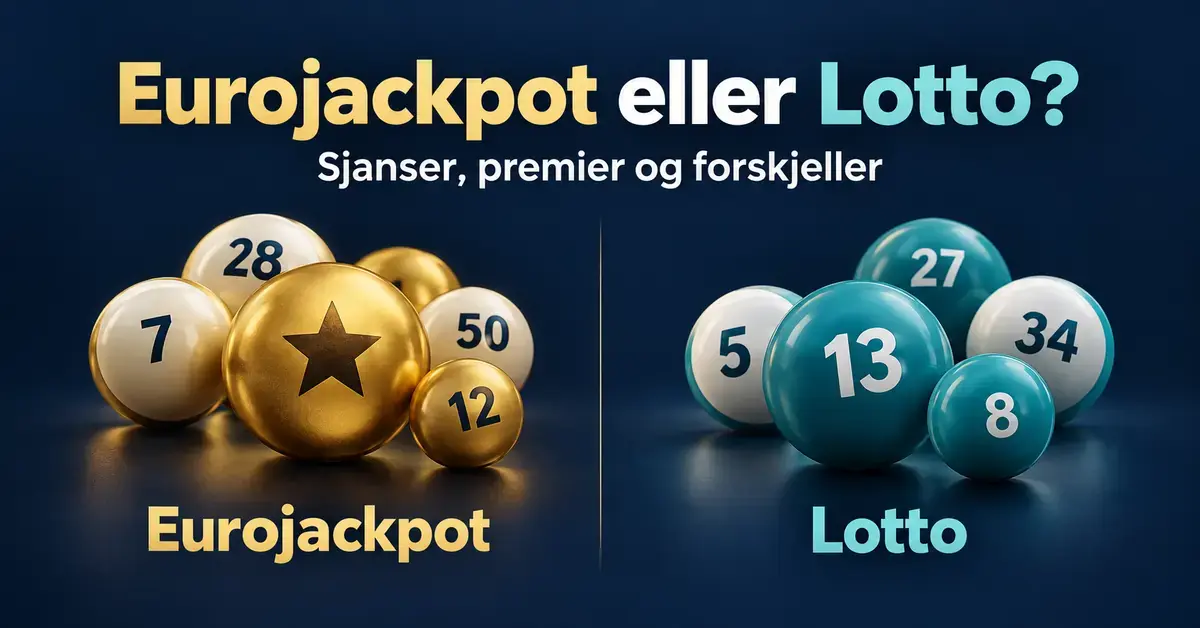 Illustrasjon med gullfargede Eurojackpot-kuler og turkise Lotto-kuler side om side under teksten «Eurojackpot eller Lotto? – Sjanser, premier og forskjeller».