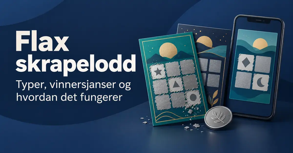 Illustrasjon av delvis skrapte papirlodd, en mynt og et digitalt skrapelodd på mobil ved siden av teksten «Flax skrapelodd – Typer, vinnersjanser og hvordan det fungerer».