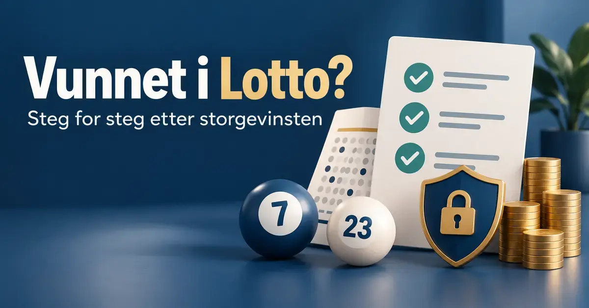 Illustrasjon med lottokuler, kupong, sjekkliste, mynter og et skjold med hengelås ved teksten «Vunnet i Lotto? Steg for steg etter storgevinsten».