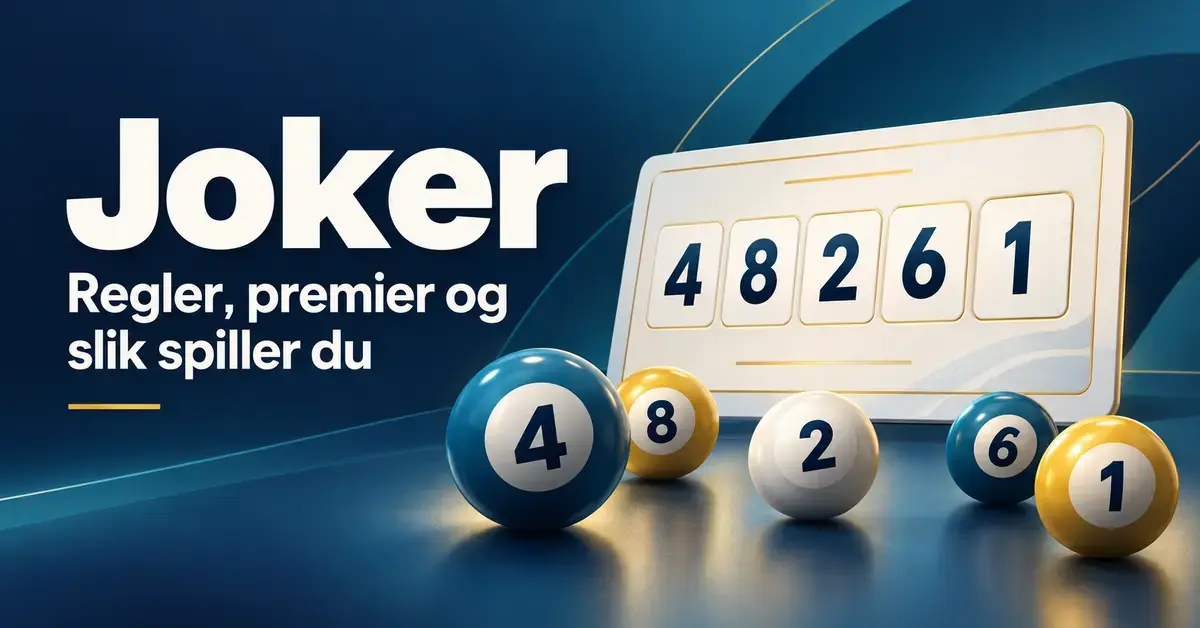 Illustrasjon av en tallrekke og nummererte kuler på mørk blå bakgrunn med teksten «Joker – Regler, premier og slik spiller du».