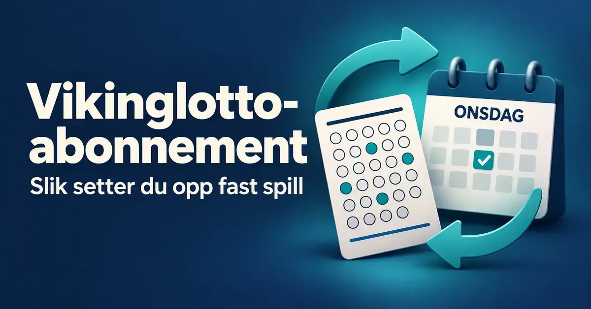 Illustrasjon av en lottokupong, en kalender merket onsdag og gjentakelsespiler som symboliserer et Vikinglotto-abonnement med automatisk spill hver uke.